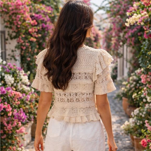 Zara Tops - Zara Cream Lace Crochet Ruffle Boho Top Small